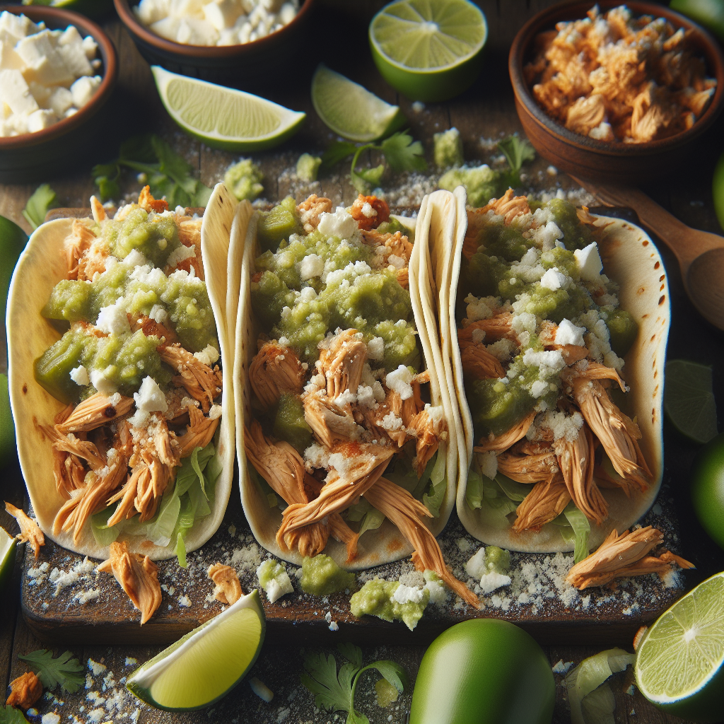 Shredded Chicken and Tomatillo Tacos with Queso Fresco