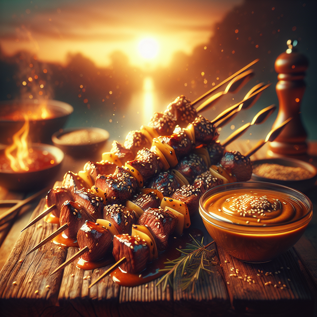 Sesame Ginger Steak Skewers with Peanut Sauce