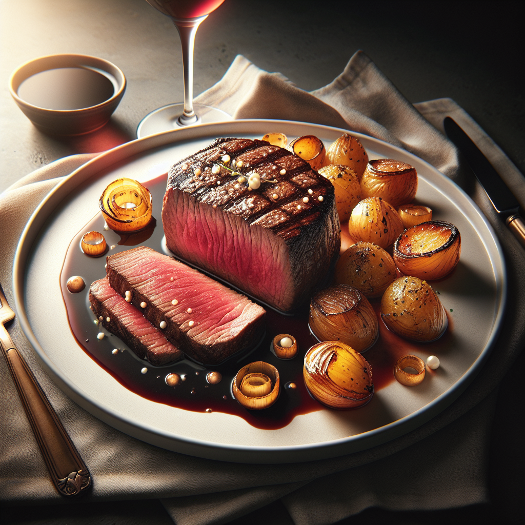 Pan-Seared Filet Mignon with Roasted Potatoes and Merlot Sauce