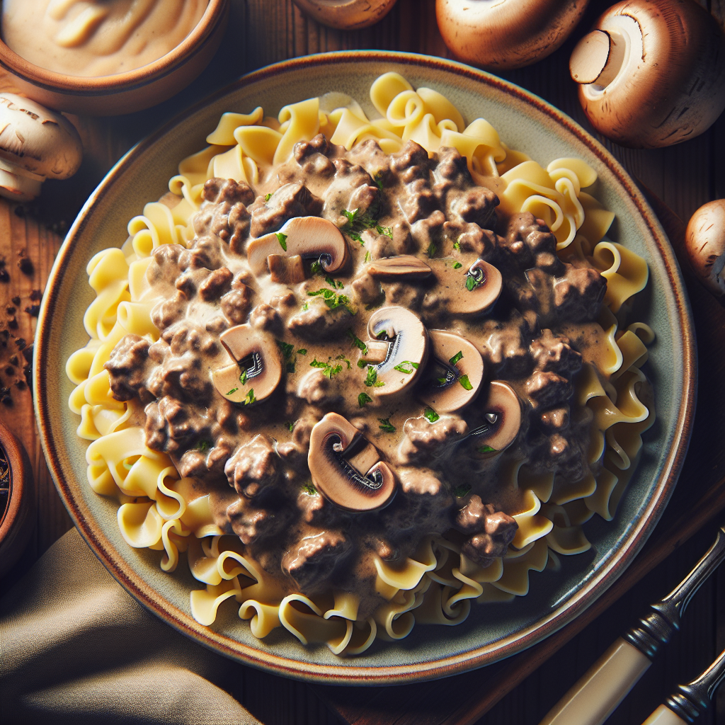 Hamburger Stroganoff over Egg Noodles