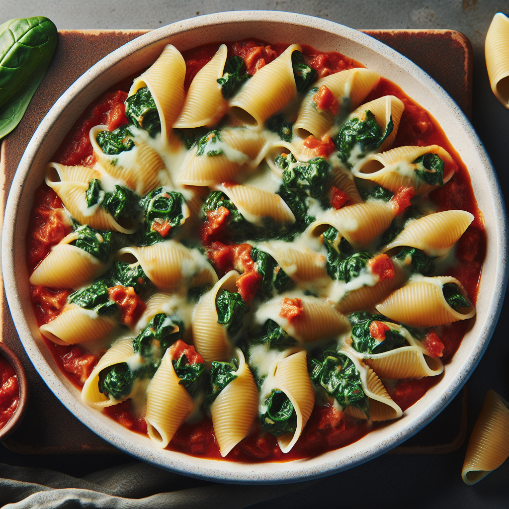 Cheesy Spinach Stuffed Shells with Roasted Red Pepper Tomato Sauce